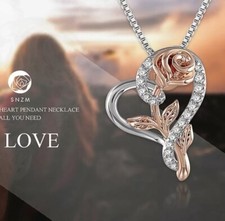 Silver Plated Heart Rose Flower Love Pendant Necklace Gift for Wife Mom Daughter