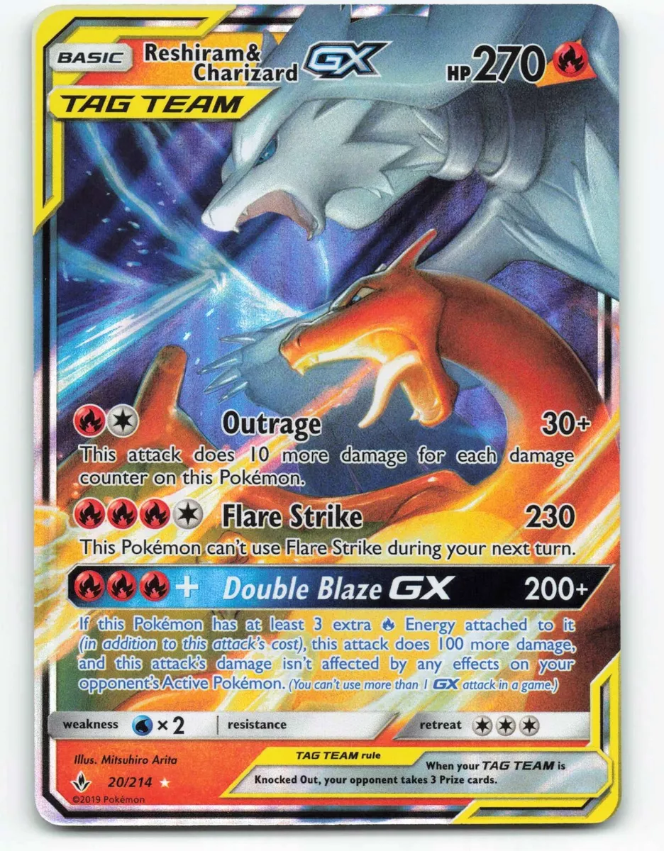 Reshiram and Charizard GX 20/214 Unbroken Bonds Pokemon ULTRA RARE NM 2019