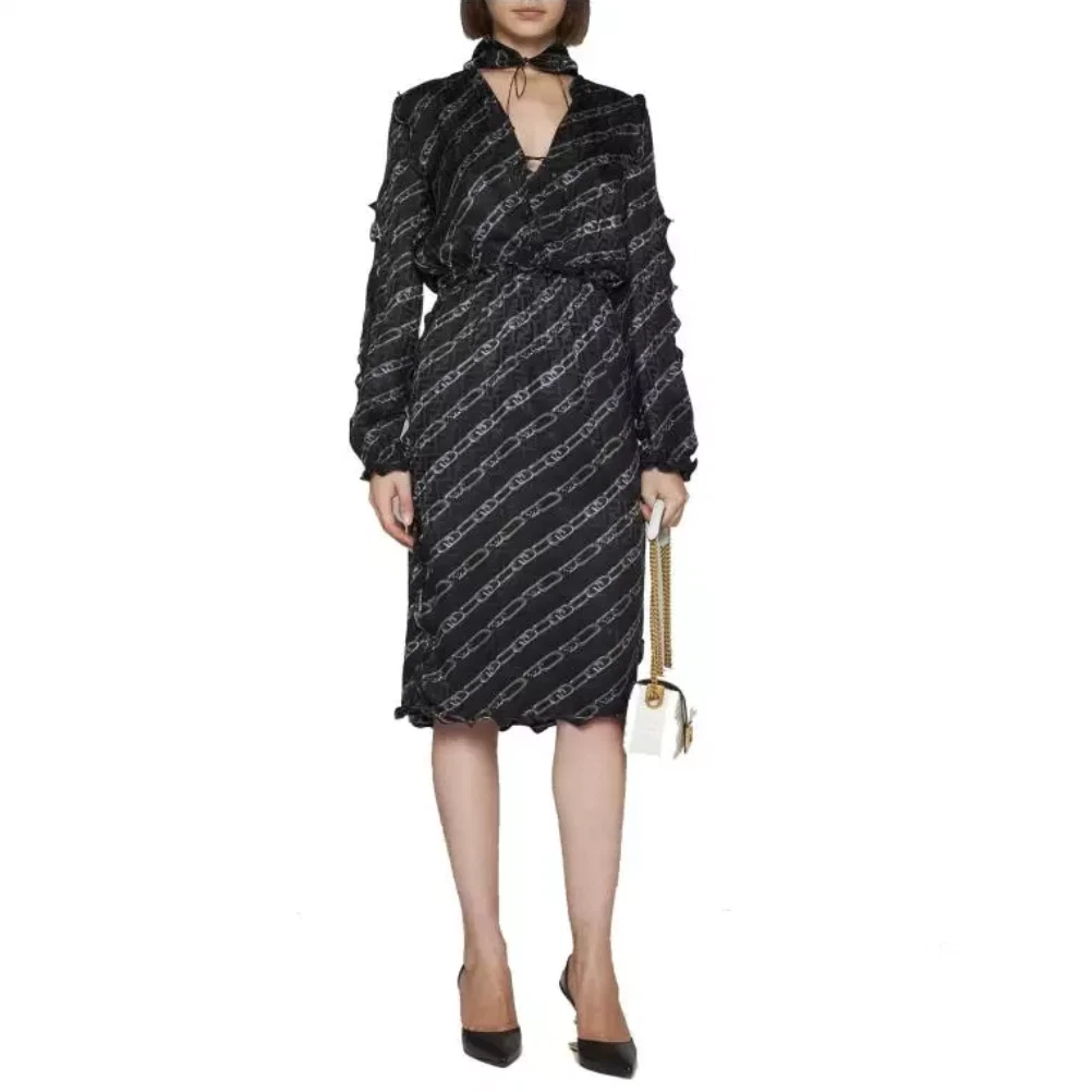 Abito FENDI autunno 2022 nero O'Lock catena trasparente con volant taglia 8 IT 44 $3590