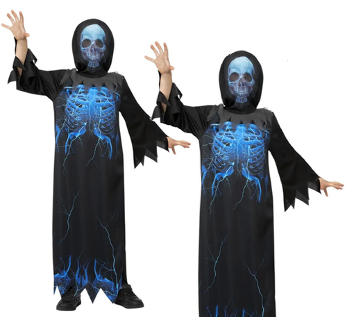 HSYWSH Costume da Tristo Mietitore Bambino, Costumi di carnevale, Mantello Nero con Cappuccio, Maschera Scheletro, Guanti Scheletro, Falce, per Halloween Carnevale Cosplay Feste