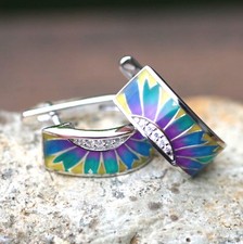 Enamel Flower Earrings in Sterling Silver 925 , Small Hoops , Handmade Canada