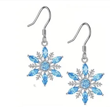 CHRISTMAS HOLIDAY SNOWFLAKE ICE BLUE RHINESTONE DANGLE SILVER TONE EARRINGS
