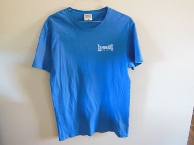 Lamberts Cafe Men's Graphic T-Shirt Blue M Logo w Motorcycle on Reverse