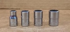 SNAP-ON 4 PC 1/4" DRIVE 12 PT SHALLOW SOCKETS (1/4" TMD8- 7/16" TMD14) USED.