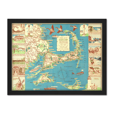 Colonial Craftsman 1940 Map Cape Cod MA USA Large Framed Art Print