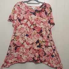 SALE LuLaRoe Women L Pink Rose Floral S.Sleeve Longline T-Shirt Tunic wide flare