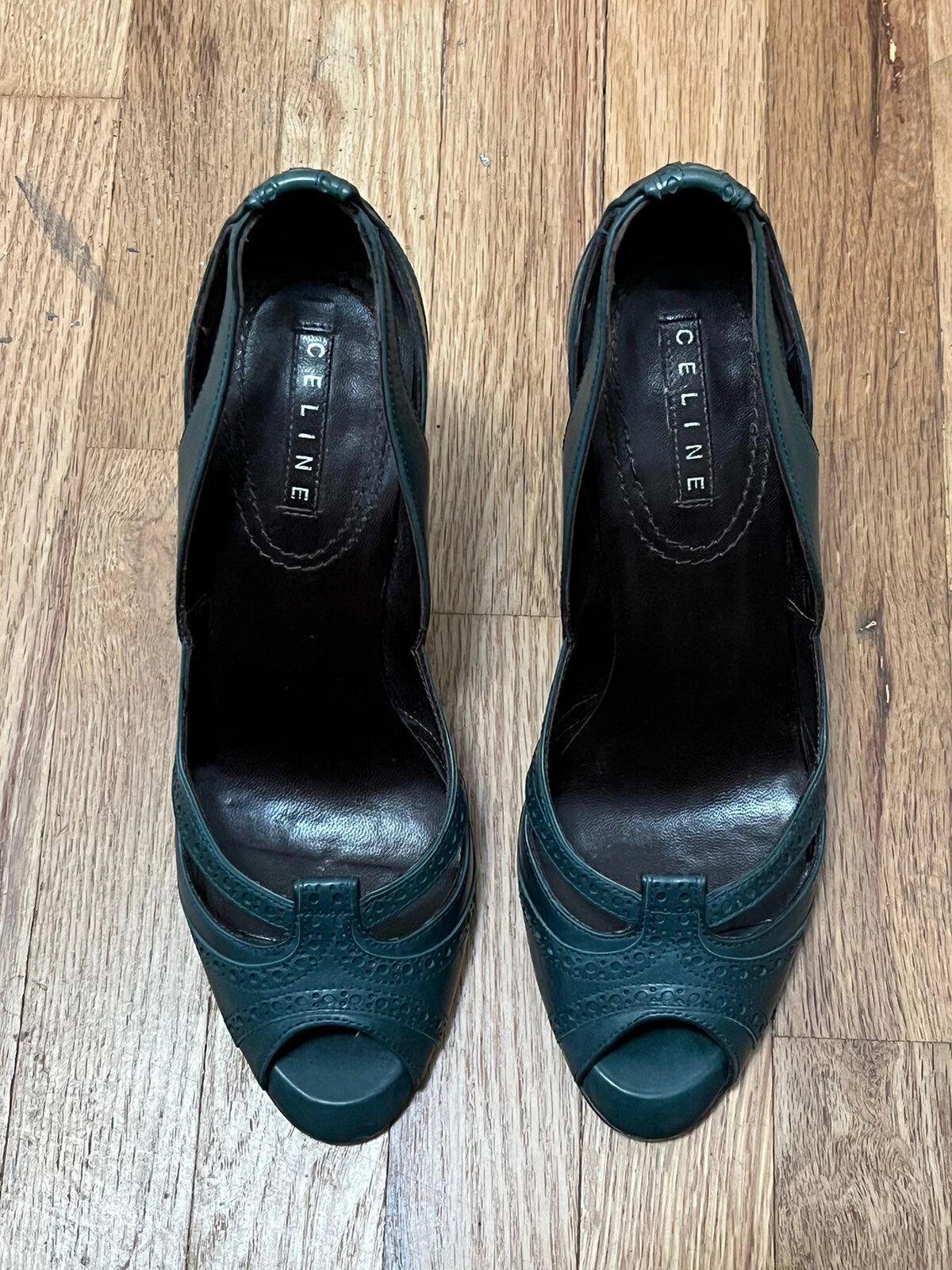 CELINE VERDE ACQUA BLU PELLE ABITO PUNTA APERTA SCARPE CON TACCO 37 5 7 5