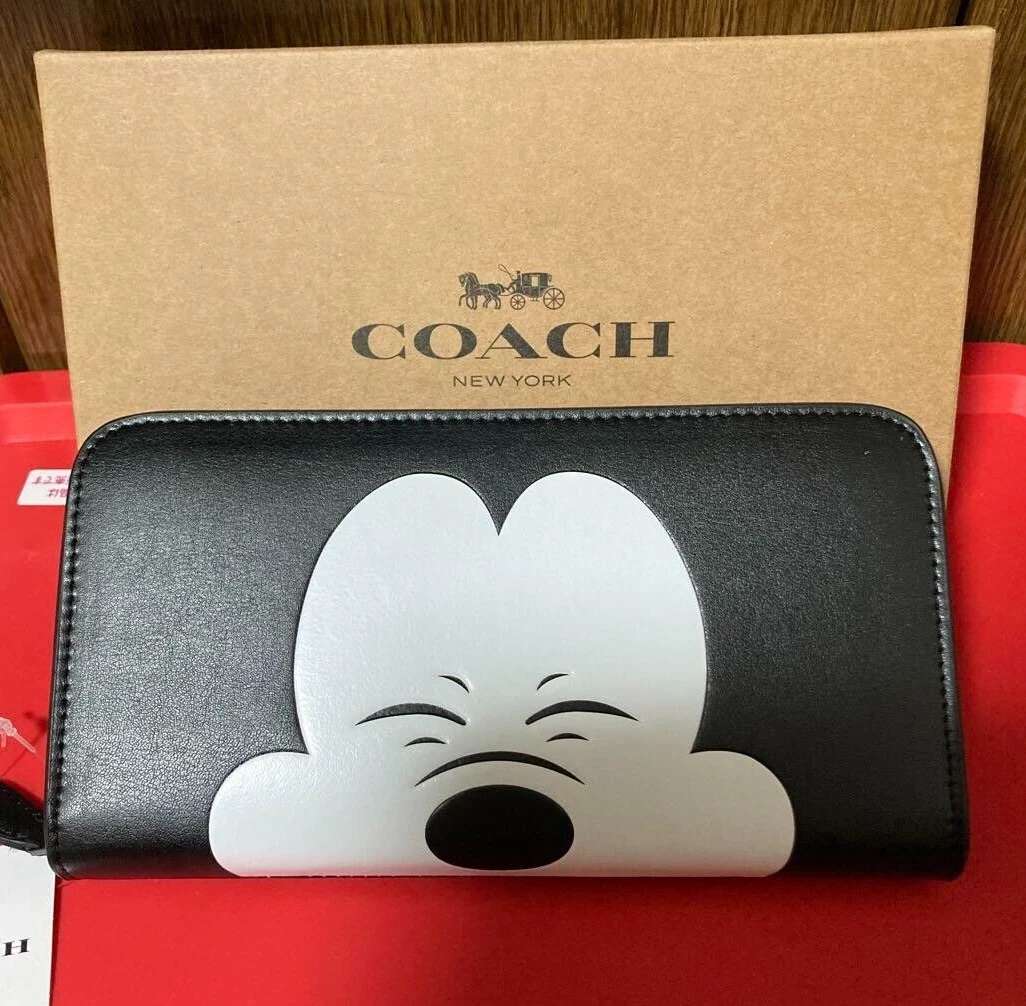 COACH x DISNEY Collaboration Mickey Mouse Big Smile Face Zip Wallet Black  Outlet