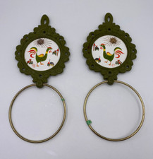 Set of 2 Enesco Rooster  Sun Cast Iron and Tile Towel Rings
