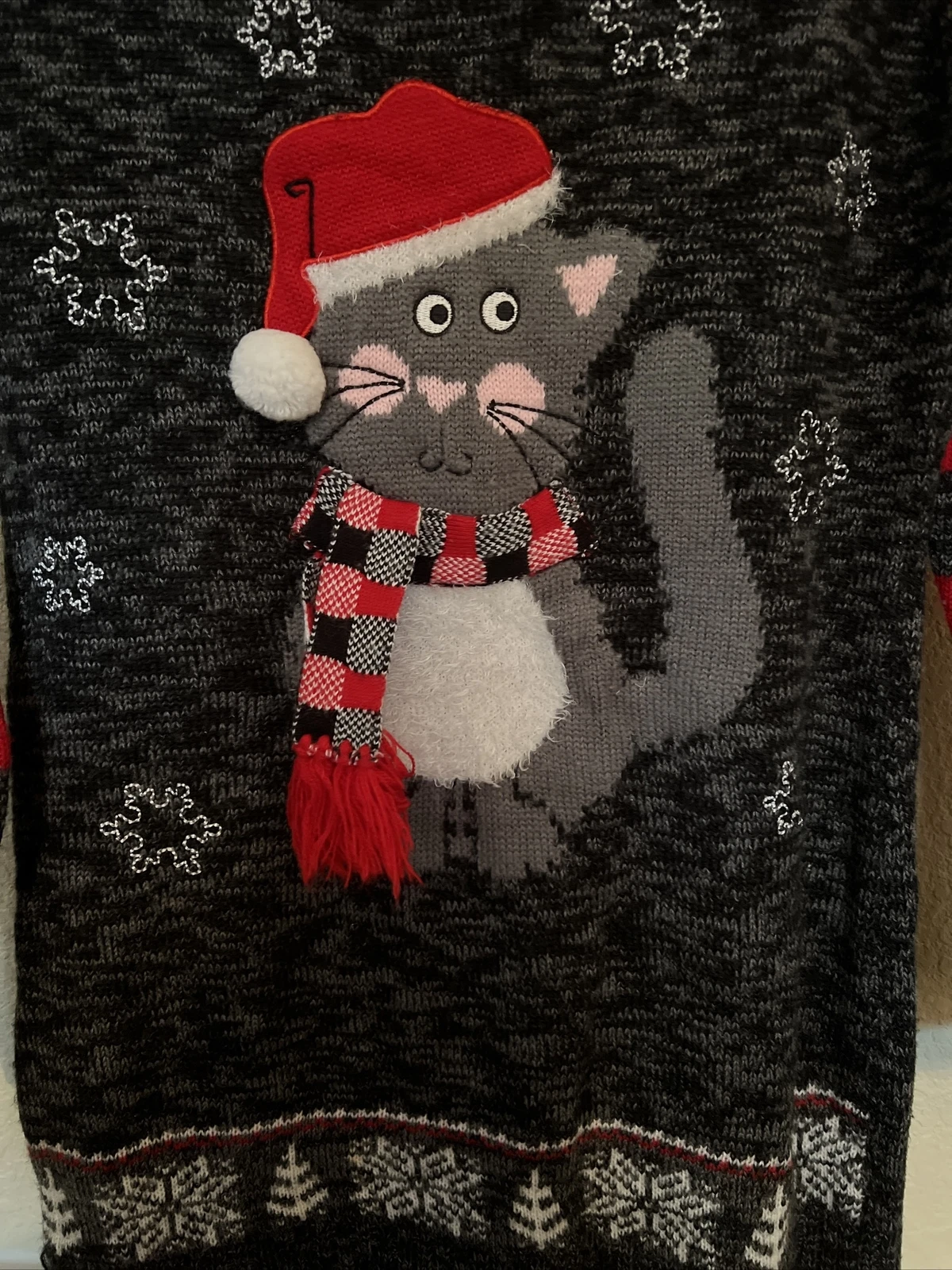 Ugly Christmas sweater Cat In Santa Hat Junior’s Size:M(7-9)