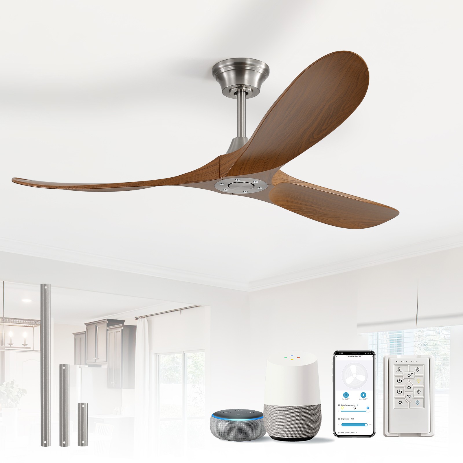 60 Inch Brush Nickel Ceiling Fan With Remote & Smart APP Con