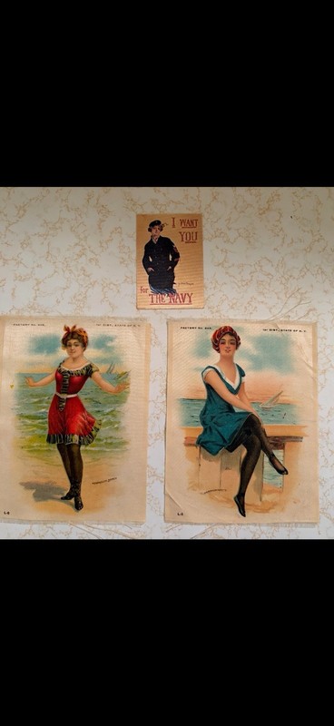 Antique Tobacco Silk Bathers And Recruiting Woman In Navy Uniform