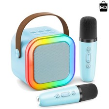 Light Blue Karaoke Speaker with 5 Voice Effects  Colorful Lights, 10H Battery