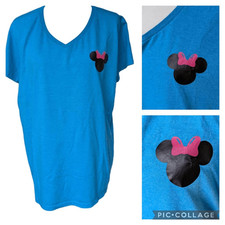 GILDAN Pink Bow Black Disney Minnie Mousse Blue T Shirt V Neck Women's Size L