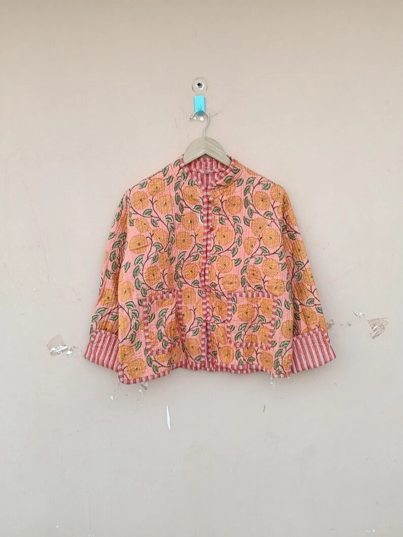 Indian Peach Floral Cotton Quilted Unisex Jackets Women's Clothing Jackets US