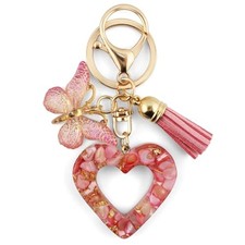 Heart Resin Keychain with Tassel and Butterfly Charm Bag Accessory for Pink