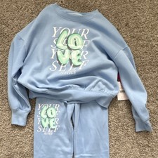 Justice Light Blue Love Graphic Sweatshirt  Sweatpants Set Girls S 7/8 