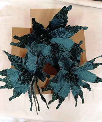 DAVIES Green Christmas Flowers Kingfisher Teal Large Christmas Tree Decoration Pick x 3