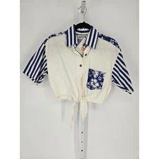 VTG 80s Emporio Gitano Women's Short Sleeve Blue White Tied Cotton Crop Top Sz M