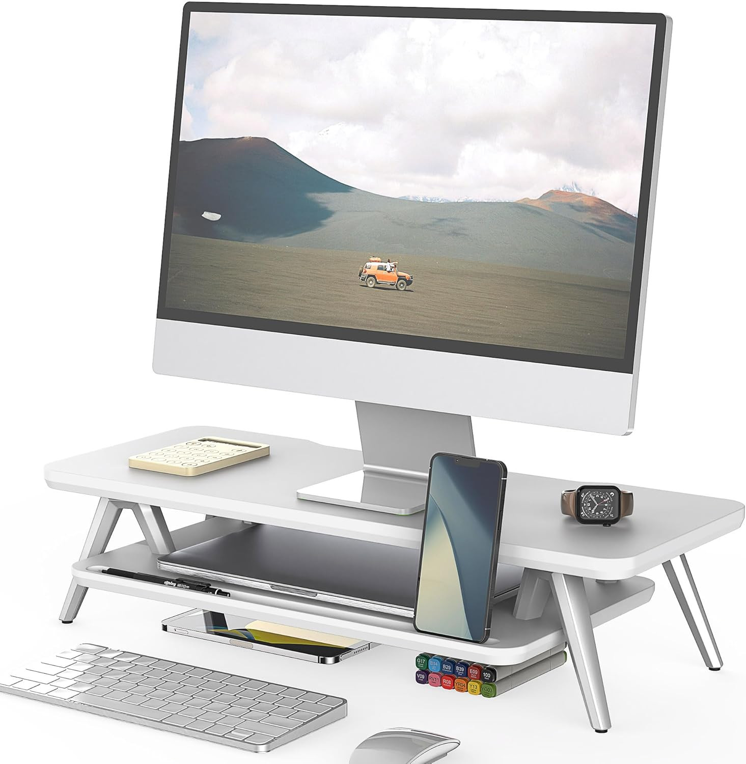 Support ecran PC rehausseur noir avec support smartphone et fente pour stylo