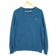 GANT Men's Sweater Size XL V-Neck Knit Cotton Blue Lightweight