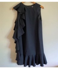 RED Valentino Women Black Pattern Ruffle Wool Dress Size 40 2