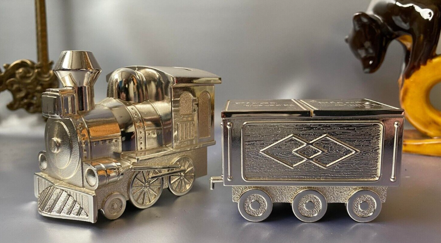 Christening Gift Baby Baptism Silver Plated Train Money Box w First Curl & Tooth