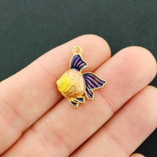2 Tropical Fish Charm Gold Tone Enamel Fun and Colorful - E701