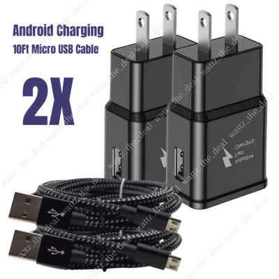 2 Pack 10Ft Micro USB Cable Fast Charger Charging Plug Samsung S7 S6 Android LG