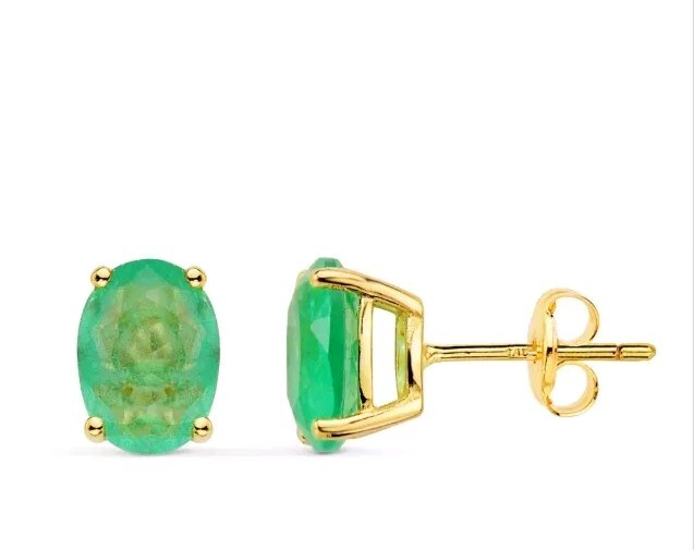 Pendientes oro 18k 750 Mls. Cierre Presión. 4 Garras. Cuarzo Verde 8x6 MM.