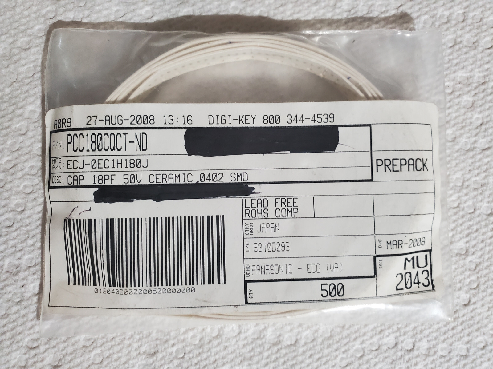 Panasonic ECJ0EC1H180J Multiplayer Ceramic Capacitor (Pack of 500) eBay