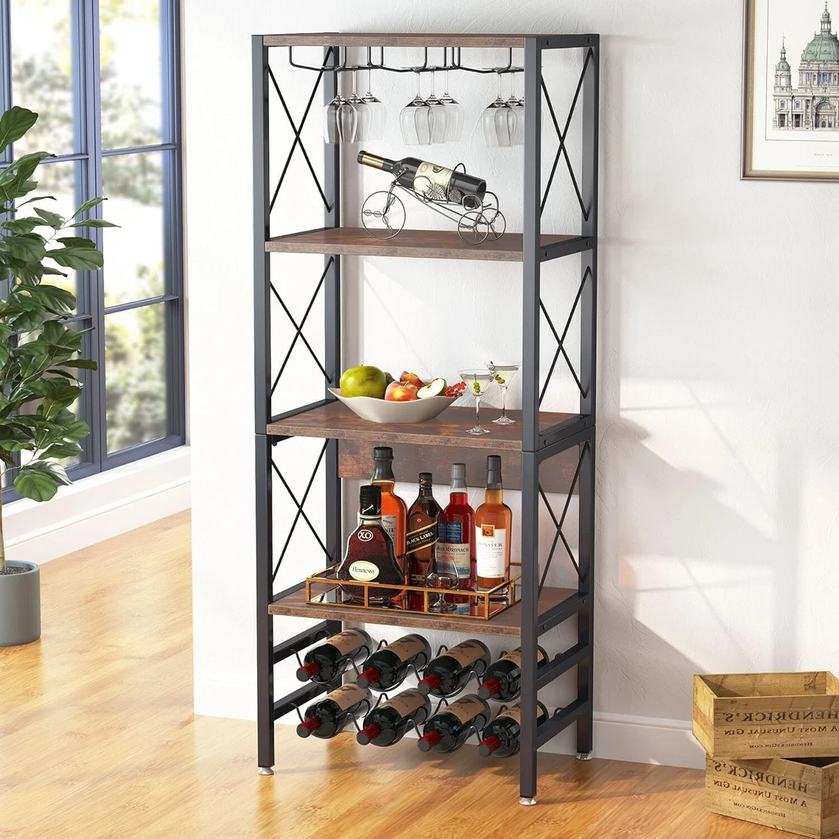 Tribesigns 4 Tier Wine Bakers Rack with Glass Holder and Storage Rustic Brown