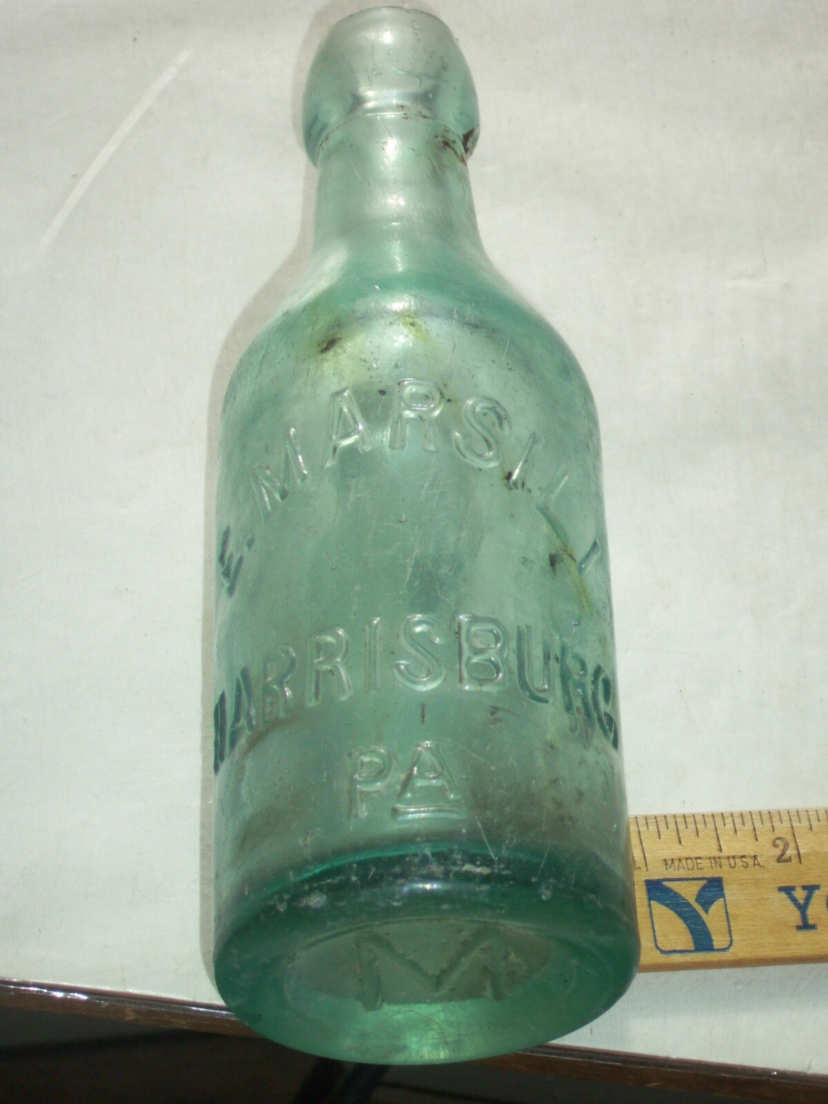 Vintage blue embossed  E. Marsili Harrisburg, Pa. affixed blob top glass bottle