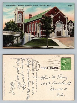 Worcester, Massachusetts, Alden Memorial WPI Polytechnic Vintage c1950 Postcard