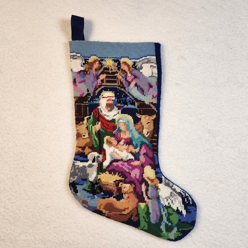 Vtg Finished Bucilla Needlepoint Nativity Scene Christmas Stocking Handmade