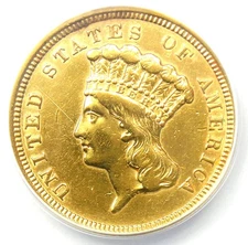1854 Three Dollar Indian Gold Coin $3 - Certified ANACS AU50 Details - Rare Coin