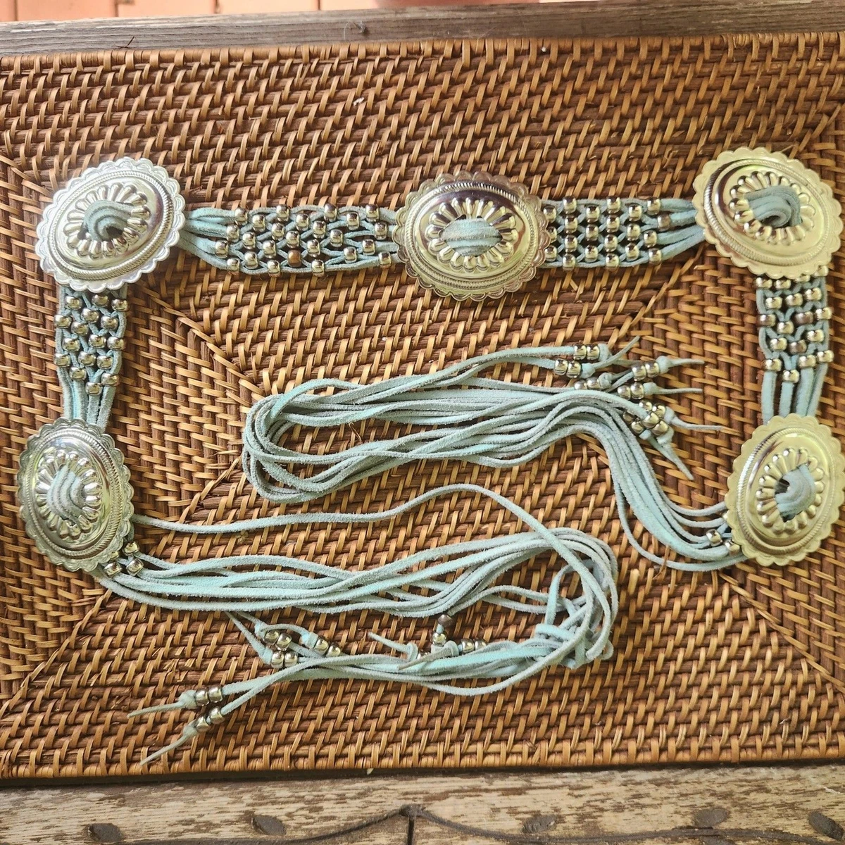 Vtg Silver-tone Conchos and Light Blue Suede Belt with Tassles and Silver Beads Vintage Navajo Concho Belt Petit Point Turquoise & Sterling  main image 3