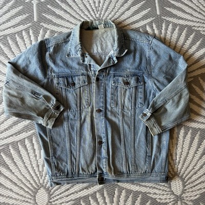 Vtg Denim Jean Jacket Mens Size L Light Wash Bomber Trucker 90s Button Up Grunge