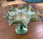 VTG Imperial Pedestal Compote Scroll Embossed Green  Carnival Iridescent Glass