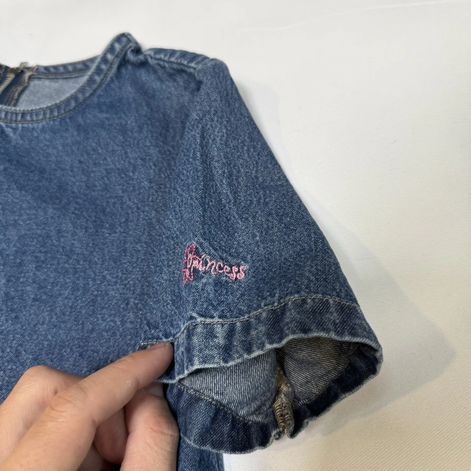 Vintage Girls Size 7/8 Disney Princess Embroidered Denim Overalls Dress Y2K USA - Image 4 of 4