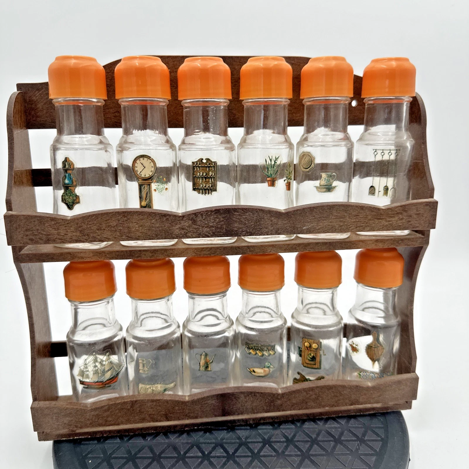 VTG Action Industries PlasticSpice Rack w/12 Glass Spice Bottles MCM Kitschy