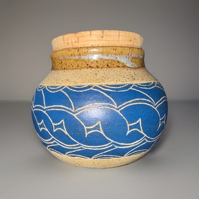 Vintage  84 Handmade Incised Earthenware Potbellied Jar w/Cork SemiGlazed Signed