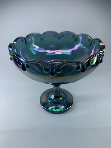 Vtg Indiana Carnival Glass Iridescent Blue Teardrop Pedestal Compote Bowl read