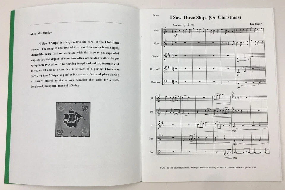 I Saw 3 Ships On Christmas Day Woodwind Quintet Sheet Music Score By Ken Bauer - Image 3 of 4