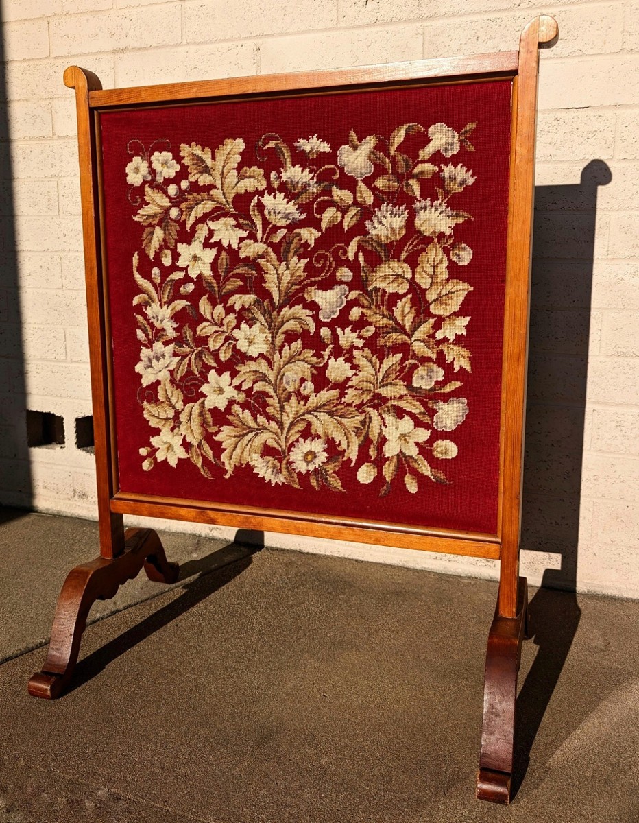 Antique Fire Screen - 1920s French Needlepoint Floral Tapestry