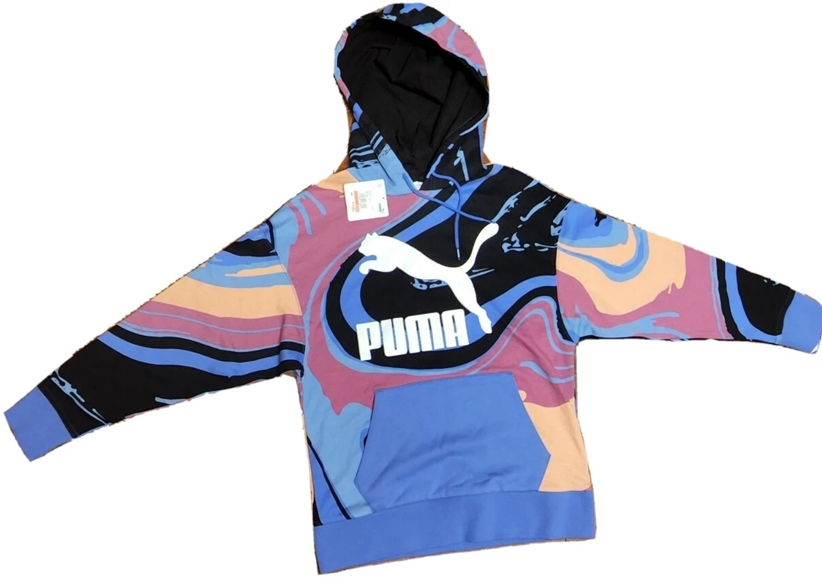 NWT PUMA Womenu0026#039;s Size XS Marbled AOP Logo Hoodie Blue Black Pink Long  Sleeve | eBay