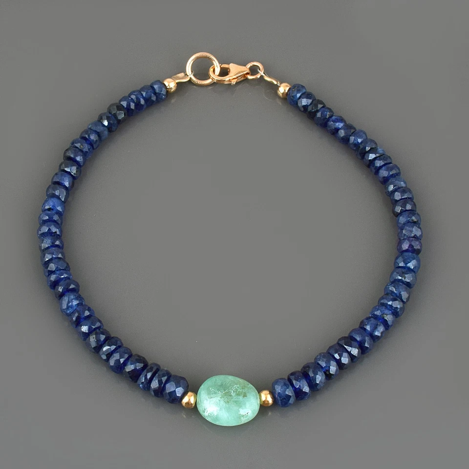 Brazalete de diseño con cuentas de piedras preciosas de zafiro azul y esmeralda natural de plata 925 Foto 2 de 4