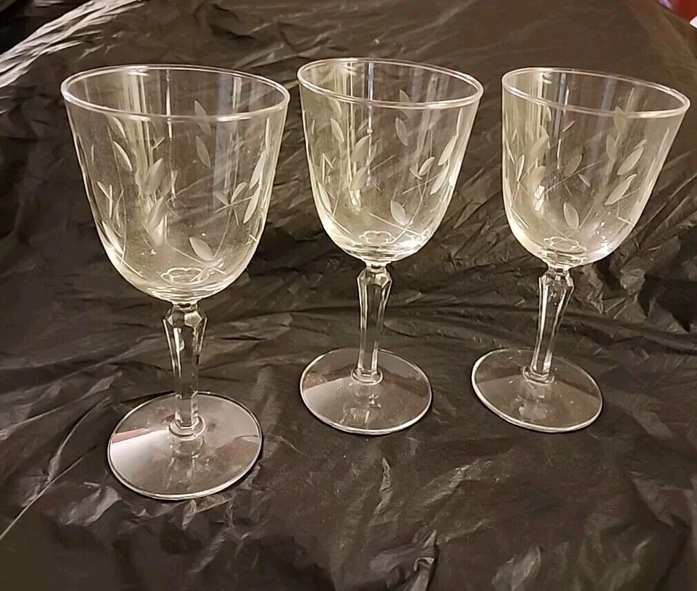 Vintage Libbey Windswept Water Goblets Set of 3 with Floral Etching MCM Stemware