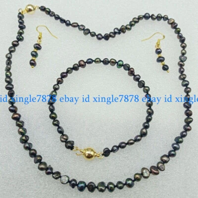 Natürlich 4-5mm Schwarz Süßwasser Kultiviert Perle Halskette Armband Ohrring Set - Bild 1 von 4