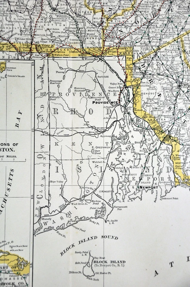 Mapa ferroviario Rand McNally 1892 Massachusetts Boston Cape Cod Plymouth 21x27" RR Foto 4 de 4